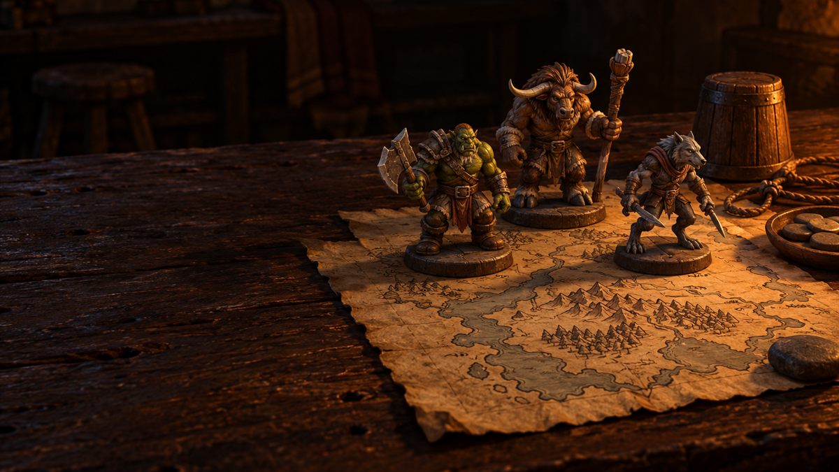Three painted figurines of an orc, a tauren and a worgen stand on a hand-drawn map on a dark table by firelight.