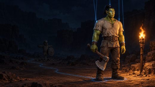 An orc stands still by a torch at night while cold blue strings of light run down to his shoulders and a glowing line marks a route on the ground.