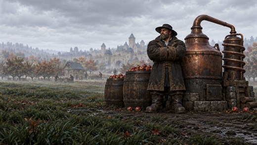 A farmer beside a copper still and apple barrels in a foggy orchard in the morning.