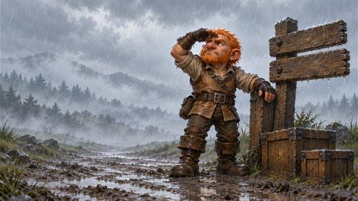 Un gnome en pourpoint de cuir trempé plisse les yeux vers un ciel de pluie gris, près d'un panneau en bois sur une route boueuse.