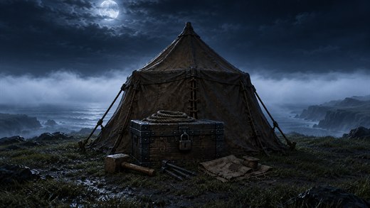 A laced-up canvas tent and a padlocked trunk on a misty headland at night.