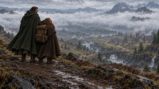 Dos viajeros, muy juntos en lo alto de un camino, miran hacia atrás un valle lleno de niebla.