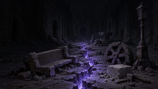 Une rue de pierre claire brisée, la nuit, avec une lumière violette montant d'une longue fissure dans le pavé.