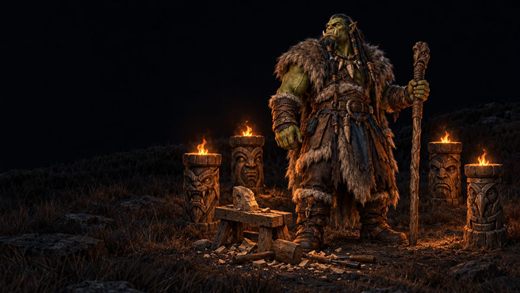 A shaman standing among four knee-high carved totems, each with a small fire burning on top, on a dark hillside at night.