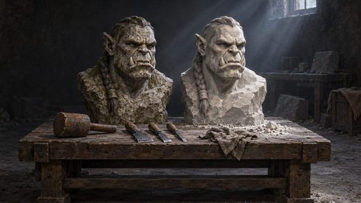 Zwei Steinbüsten desselben Orcs stehen nebeneinander auf einer Steinmetzbank, eine verwittert, eine frisch gehauen.