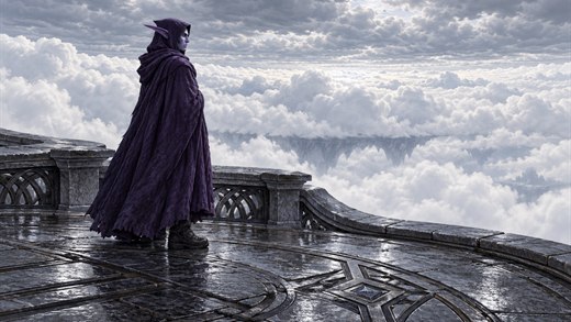 A hooded guard stands on the edge of a floating city on a grey morning above a sea of cloud.