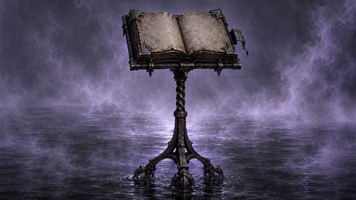 Ein schweres aufgeschlagenes Buch auf einem hohen eisernen Pult in einem gefluteten Abwasserkanal, schwarz vor violett beleuchtetem Dunst.