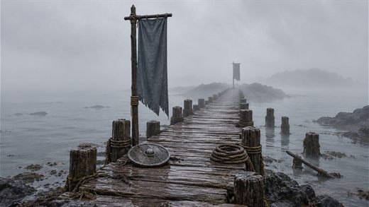 Ein hölzerner Dammweg zwischen zwei nebligen Inseln im Morgengrauen, an jedem Ende ein einfaches Kriegsbanner.