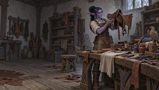 Une artisane elfe de la nuit examine une pièce inachevée à la lumière grise de l'atelier.