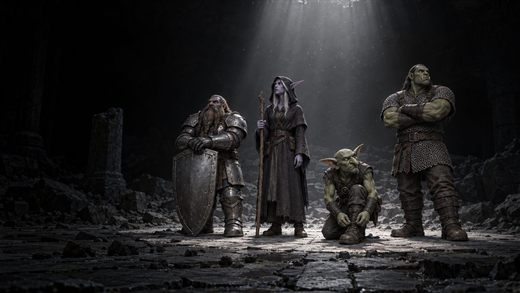 Four adventurers standing in a single shaft of daylight falling through a broken ceiling into a dark underground hall.