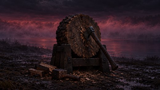 A heavy axe sunk into a dark oak throwing target stands against a band of river mist at dusk.