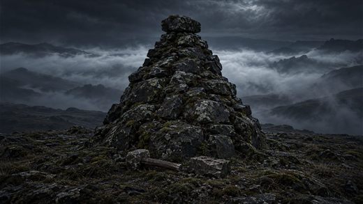 Un mojón de piedra macizo en una cresta de noche, negro ante una franja de niebla del valle iluminada por la luna.