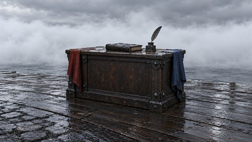 Ein schwerer Eichenschreibtisch mit geschlossenem Hauptbuch und roten und blauen Bannern steht auf einem Kai vor dichtem Seenebel.