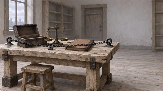 A chained and padlocked counting table with an empty strongbox and empty scales, lit by one cold shaft from a high window.