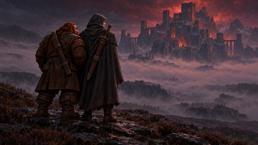 Un nain et un humain encapuchonné se tiennent côte à côte sur une crête sombre, regardant par-delà la brume de la vallée une lointaine forteresse de montagne sous des nuages éclairés de rouge.