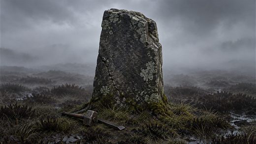 Ein verwitterter Meilenstein aus Stein steht allein auf einem Moor, schwarz vor Nebel auf allen Seiten.