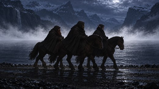 Trois cavaliers encapuchonnés sur des chevaux sombres longent un rivage de fjord la nuit, devant une bande de brume marine.