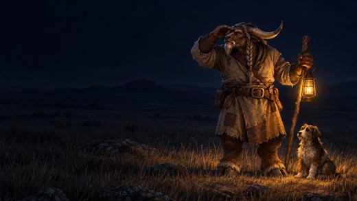 An old tauren rancher with a lantern calls for his dog on a dark plain at night.