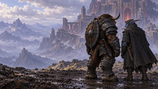 A tauren and a troll in dark armour stand together on a rocky mountain slope, looking towards a distant fortress.