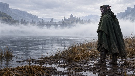A hooded traveller in a dark green cloak stands on a muddy riverbank before a band of white mist.