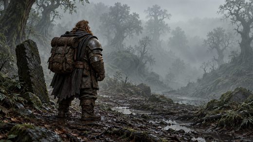 A lone armoured traveller on a forest path at dawn, black against a bank of mist between the trunks.
