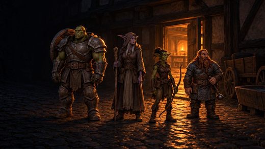 Four adventurers standing together outside an open inn door at night, lit from behind by the light inside.