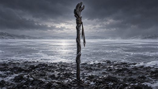 Un bastón de madera clavado en pie en la orilla de un río helado, negro frente al hielo pálido del fondo.