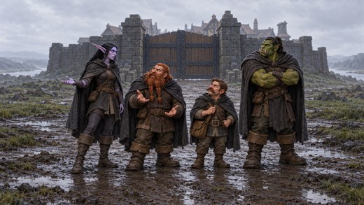 Four cloaked travellers wait together before a closed gate on a grey afternoon, river mist behind them.