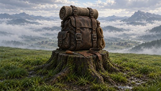 Ein lederner Reiserucksack mit Schlafrolle steht in nebliger Morgendämmerung auf einem Eichenstumpf.