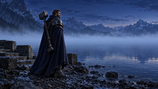 Un paladin en armure de plaques sombre et en cape sur la rive d'un lac de montagne au crépuscule, la brume posée sur l'eau derrière lui