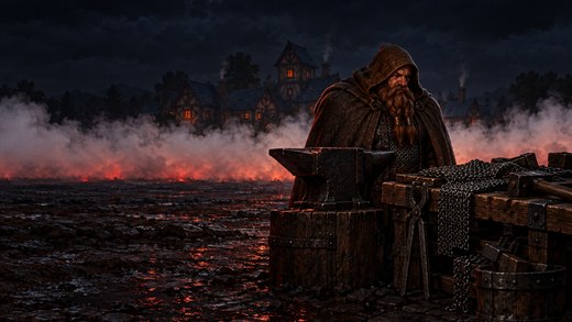 Un paladin encapuchonné se tient près d'une enclume noire dans la cour d'une forge, devant une bande de vapeur rougie par les braises.