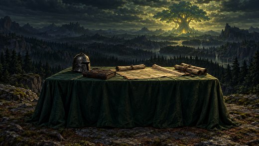 Une table de guerre drapée de tissu, avec un heaume et des cartes, se dresse sur un rebord de montagne devant une brume verte.