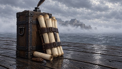 An iron-bound chest stands on a foggy quay with a bundle of rolled posters and a quill.