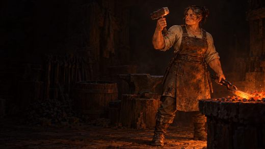 A blacksmith examines a hammer by the glow of the forge coals in a dark smithy.