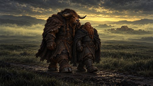 A tauren and a dwarf walk side by side across dark grassland at dusk.