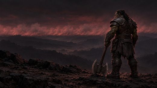 Un guerrier orc avec une hache à deux mains sur une crête sombre, noir devant une bande de fumée éclairée de rouge terne.