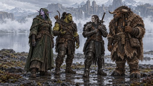 4 raid companions, an elf, an orc, a human warrior and a tauren, stand side by side on a wet lake shore.