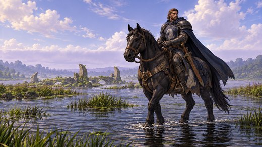 Un chevalier à cheval dans une rivière sombre au crépuscule, une bande de brume pâle derrière lui.