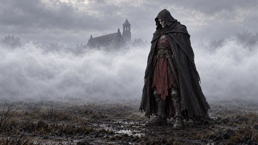 A hooded undead knight in a faded crimson tabard stands in a field against a band of fog.