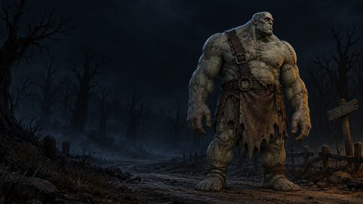 Un enorme gigante no muerto remendado está inmóvil en un camino forestal oscuro de noche.