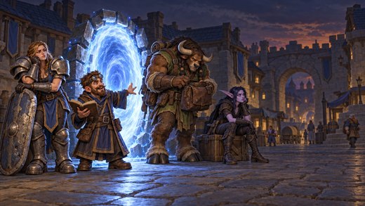 Quatre aventuriers attendent au crépuscule près d'un portail de mage ouvert sur une place de la ville.