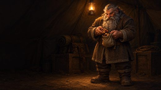 A dwarf quartermaster counts out trail food from a cloth pouch by lamplight in a dark tent.