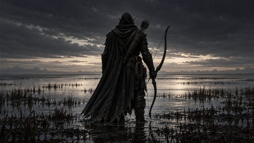 Eine Gestalt mit Kapuze steht in der Abenddämmerung im flachen Wasser eines überfluteten Feldes, schwarz vor dem blassen Wasser.