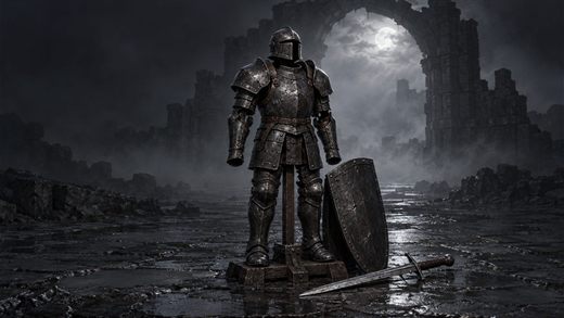 Une seule armure de plaques sur un support dans une salle en ruine la nuit, noire devant la brume éclairée par la lune sous l'arche.