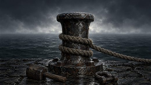 Un bollard en fer sur un quai la nuit, noir devant une bande de brume marine au-dessus de l'eau.