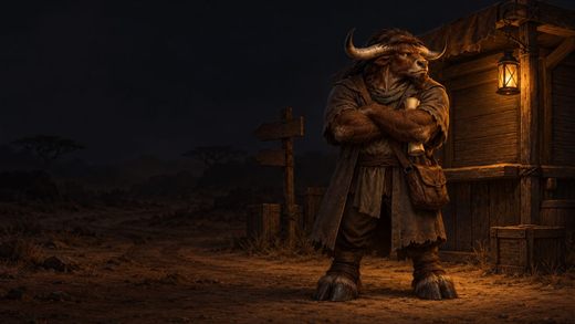 A tauren trader stands with folded arms by a shuttered stall lit by one lantern at night.