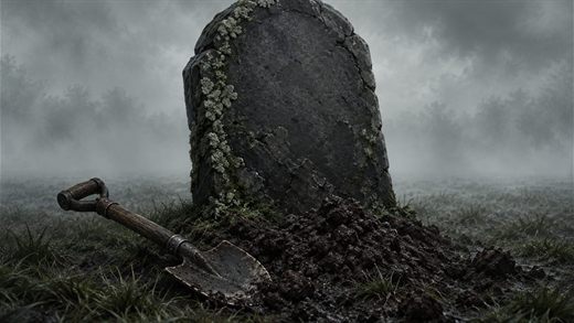 A blank gravestone with freshly turned earth at its foot, black against a wall of graveyard mist.