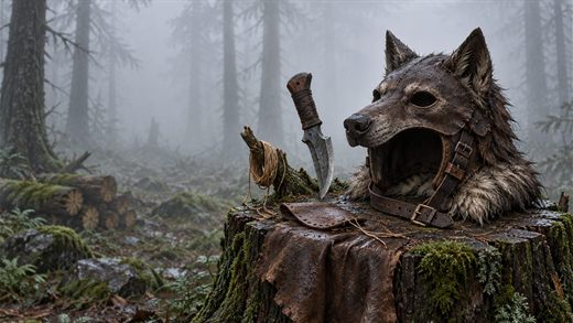 Ein Helm aus Leder und Fell in Form eines Wolfskopfes liegt auf einem Baumstumpf auf einer nebligen Waldlichtung an einem grauen Morgen.