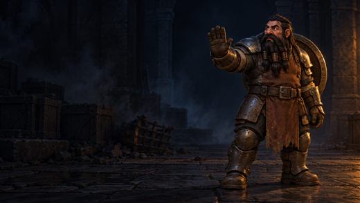 A dwarf raid leader in dented plate raises a hand in a dark stone antechamber by torchlight.