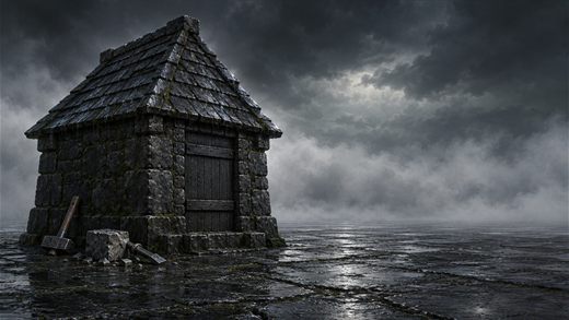 A squat stone well-house on wet flagstones after rain, black against a band of vapour.